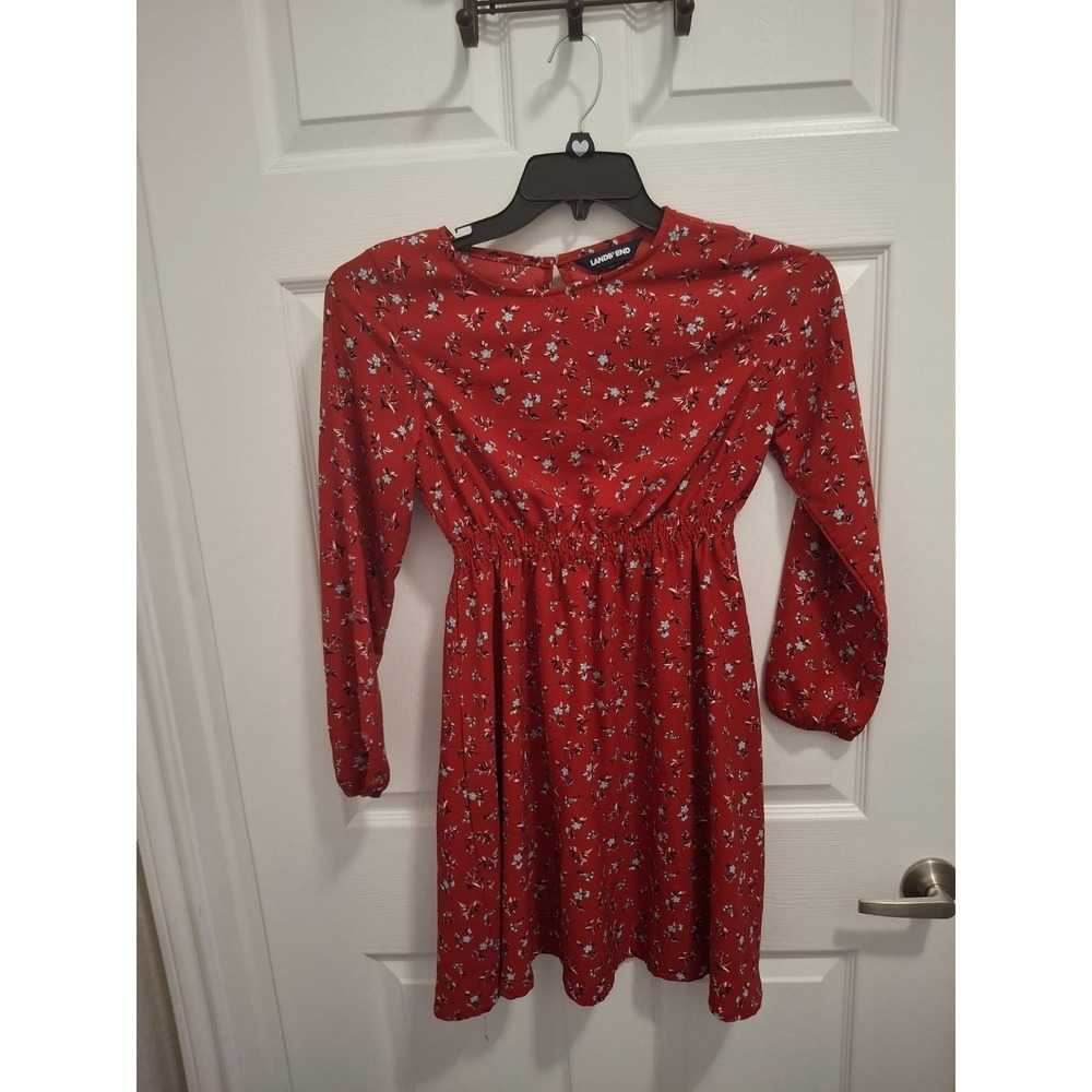 Lands' End Size 12 Red Floral Long Sleeve Elastic‎ Waist Keyhole Back Dress